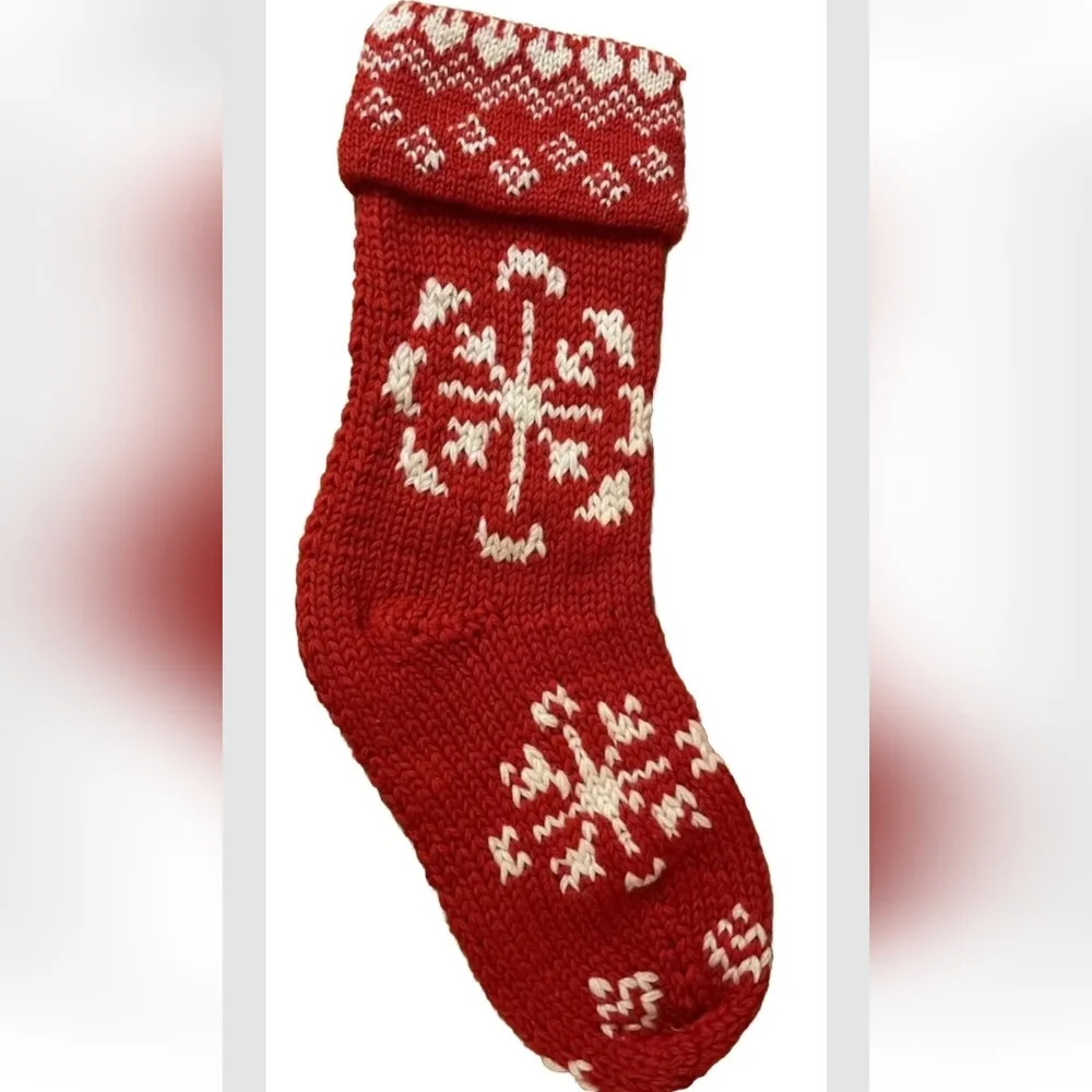 Crate & Barrel SNOWFLAKE Christmas Stocking Hand Knit Wool Red